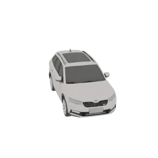 Modelo 3D de una familiar blanca con techo solar, vista desde un ángulo frontal-izquierdo ligeramente elevado.