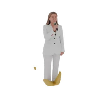 Modelo 3D de mujer con traje blanco y pantalón, sosteniendo un micrófono, con un salpicón amarillo a sus pies.