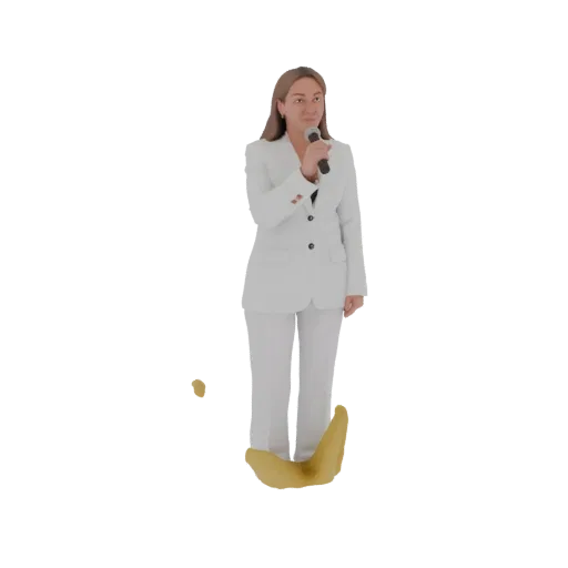 3D model of a woman in a white suit and pants, holding a microphone, with a yellow splash at her feet.