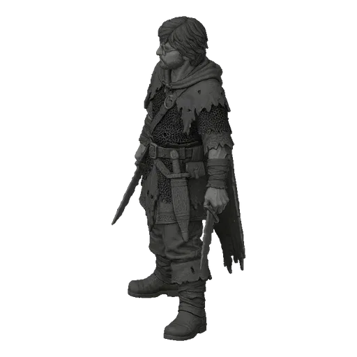 3D model of a tattered warrior with short brown hair, glasses, and torn clothing, holding two daggers in a combat stance.