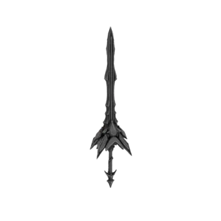 A detailed 3D model of a dark fantasy sword with sharp, menacing spikes along its blade and hilt, presented on a white backgr