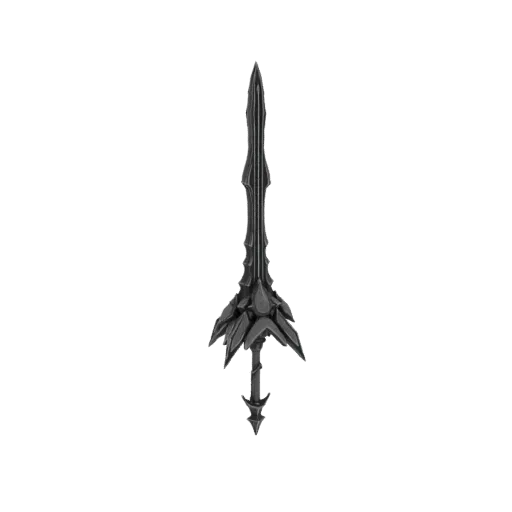 A detailed 3D model of a dark fantasy sword with sharp, menacing spikes along its blade and hilt, presented on a white backgr
