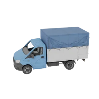 3D model of a light blue cargo truck with a blue tarp covering its cargo bed, shown on a black background.