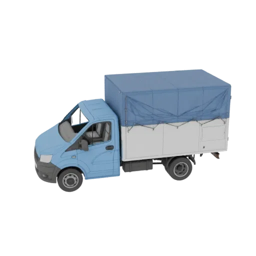 3D-Modell eines hellblauen Lieferwagens mit blauer Plane über der Ladefläche, auf schwarzem Hintergrund.