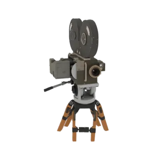 3D model of a vintage film camera with two reels, a lens, and mounted on an orange-legged tripod, against a black background.