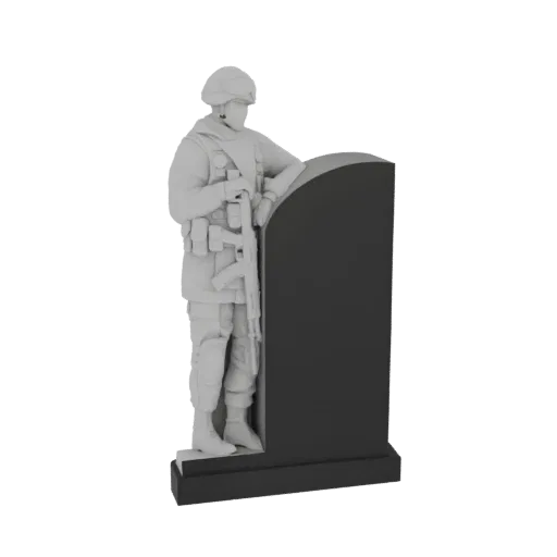 3D model of a soldier in uniform holding a rifle, standing next to a dark gravestone, rendered in gray.