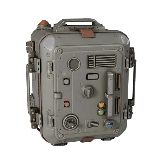 Sci Fi Switch Box Realistic 3D model, three-quarter studio render, showing metal hinges, clear interaction affordances.