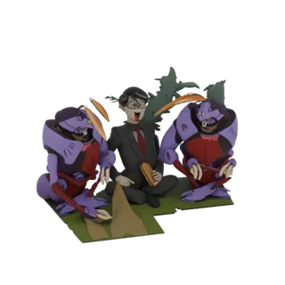 3D render of a businessman sitting between two large, purple humanoid insectoids on a green and brown diorama base with a sty