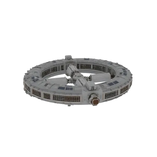 Orbital Space Station Printable 3D model, isometric STL render, showing metal modules, modular station layout.