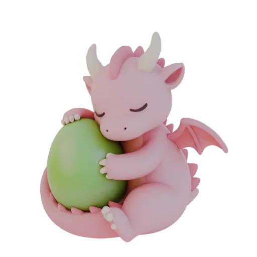 3D-Modell eines süßen, schlafenden, pastellrosa Drachen, der sanft ein großes grünes Ei umarmt.