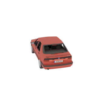 Modelo 3D de un sedán Saab 9000 Aero rojo de 1993, visto desde un ángulo trasero-tres-cuartos sobre un fondo blanco.