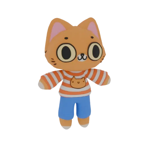 3D model render of a cute orange cat character wearing a striped shirt and blue shorts, standing with arms outstretched.