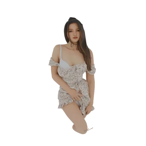 3D model of a young woman with dark hair, wearing an off-the-shoulder floral dress, kneeling gracefully.