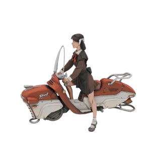 3D model of a young woman in a retro-futuristic outfit riding a stylized orange and white scooter, viewed from the side.