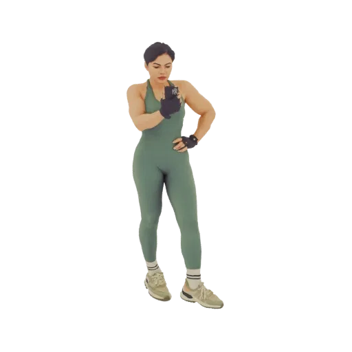 3D model of a woman in a green jumpsuit holding a smartphone, with one hand on her hip.