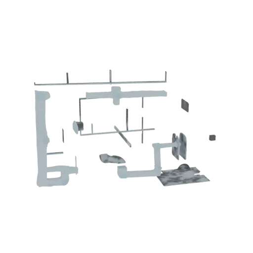 3D render of an abstract industrial pipe structure with interconnected pipes and metallic textures.