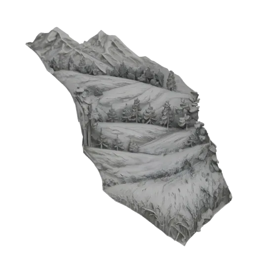 Modelo 3D de paisagem alpina montanhosa com árvores perenes, colinas onduladas e picos rochosos, renderizado em escala de cin