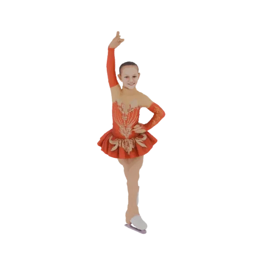 3D model of a young figure skater in a red and gold costume, performing a graceful pose on ice skates.