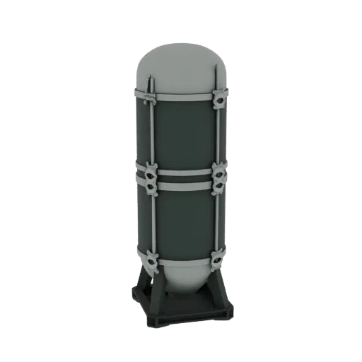 3D model of a dark green industrial storage tank with gray reinforced bands and a structural base, set against a white backgr