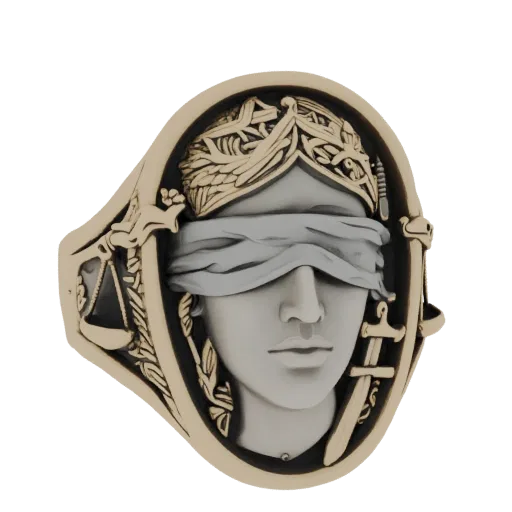 3D model of a ring depicting the goddess Themis, adorned with a sword, scales, and filigree