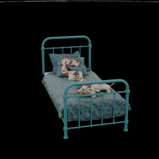 3D model of a turquoise metal twin bed with patterned pillows and a plush dog toy on a black background.