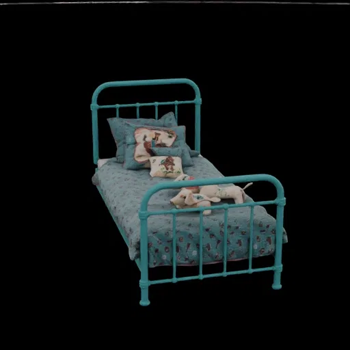 Modèle 3D d'un lit jumeau turquoise en métal avec des oreillers à motifs et un jouet chien en peluche sur fond noir.