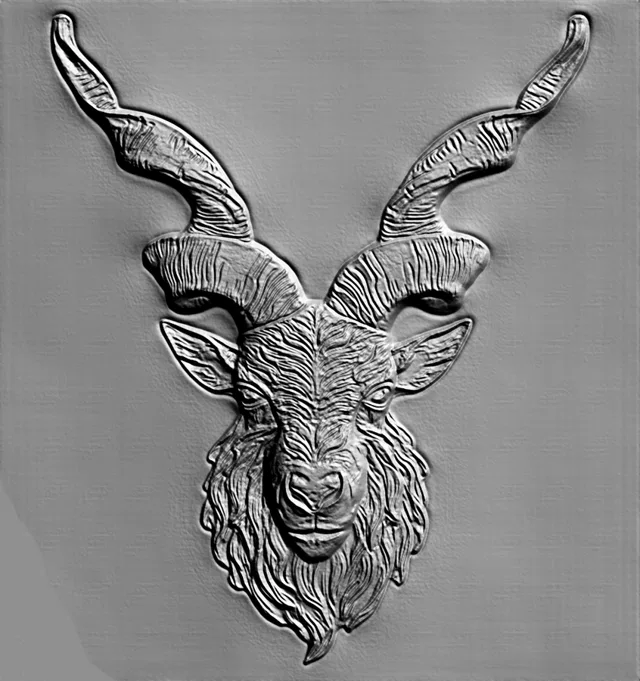 3D model of Markhor mountain goat bas-relief with detailed horns and fur on a gray background