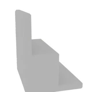 Uma renderização 3D de uma escada simples em L cinza claro, com dois degraus, vista de um ângulo lateral ligeiramente elevado