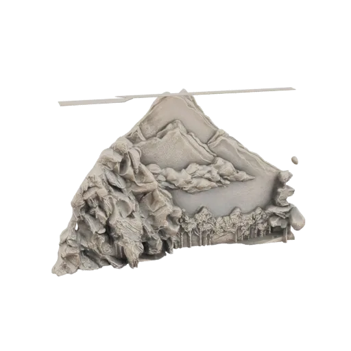 3D model of a mountain landscape with rocky cliffs, a peak, clouds, and a forest at the base.