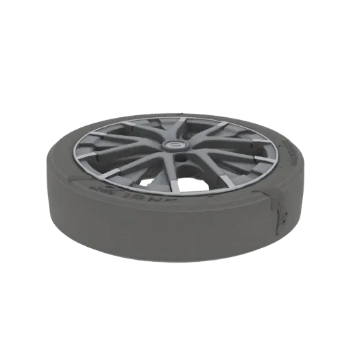 3D model of a car tire with a grey tread and a silver and dark grey multi-spoke alloy rim.