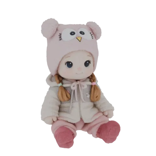 3D model of a cute girl wearing a pink owl hat and winter clothes, sitting down with a friendly expression.