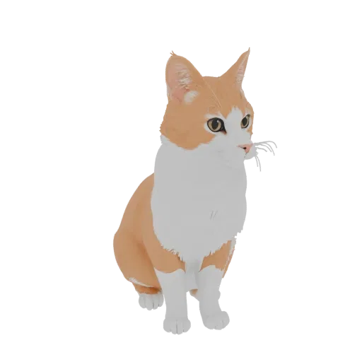3D model of an orange and white tabby cat sitting down, with alert ears and yellow eyes.