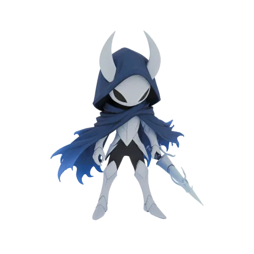 Modèle 3D d'un personnage Chevalier Chibi avec une grande cape bleue, une armure blanche et une épée, présenté sur fond blanc.