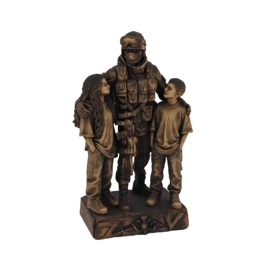 3D model of a soldier in combat gear embracing a young girl and a boy, with a bronze finish, on a decorative base.