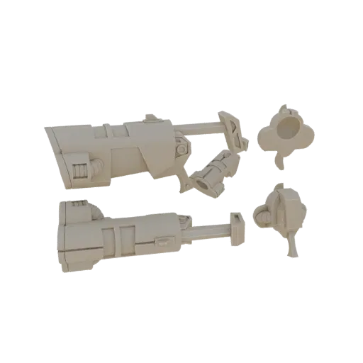 Un rendering 3D di un Set Armi Pesanti Sci-Fi, che mostra un fucile principale, un'arma secondaria e due moduli aggiuntivi.