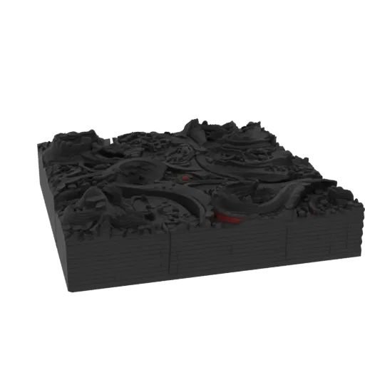 Volcanic Lava Field Chunk Printable 3D model, isometric tabletop STL render, showing layered soil, terrain detail.