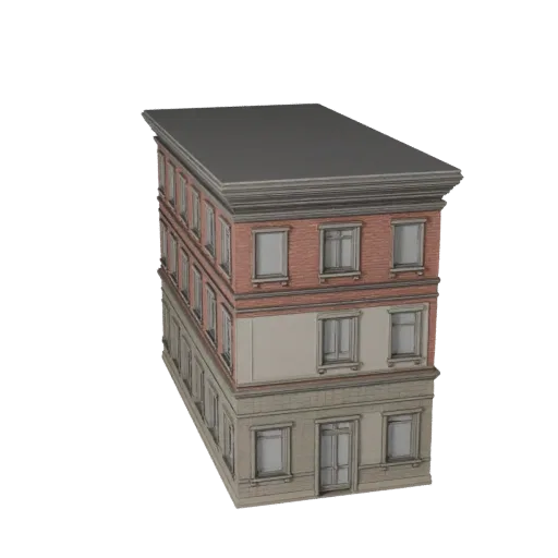 Modulare Straßenfassaden-Bausatz hohe Poly 3D-Modell, Nahaufnahme architektonischer Renderansicht, die modulare Gebäude-Bausa