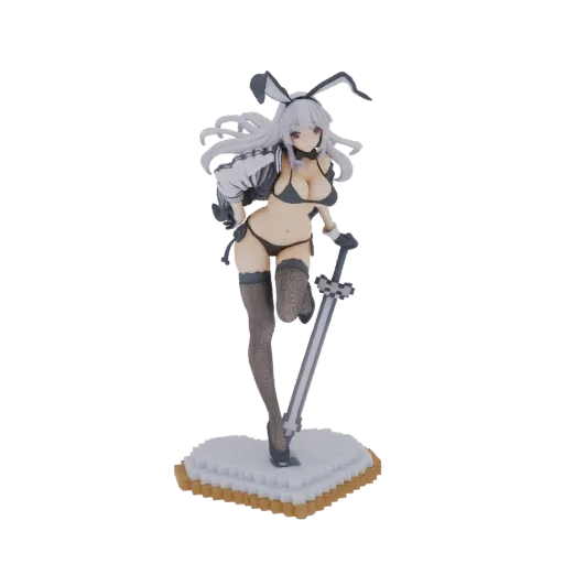 Modelo 3D de guerrera conejita de pelo blanco, con bikini negro y medias, sosteniendo una espada, sobre una base de corazón p