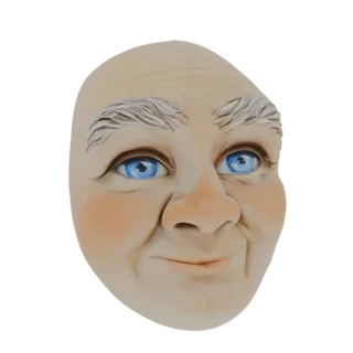 Modelo 3D de la cara de un anciano fantasioso con ojos azul brillante, mejillas sonrosadas y expresión sonriente, sobre un fo
