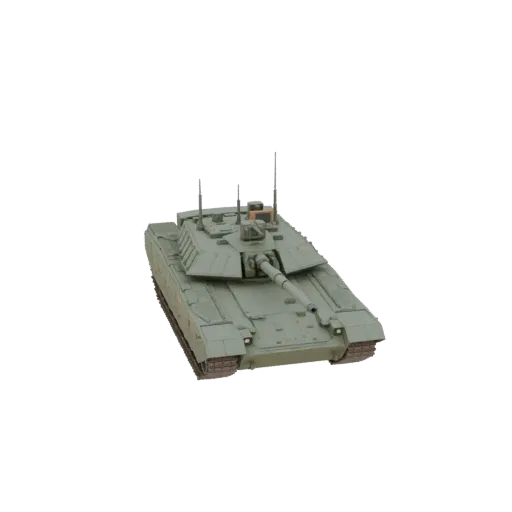 3D model of a modern olive green main battle tank viewed from a three-quarter front angle against a black background.