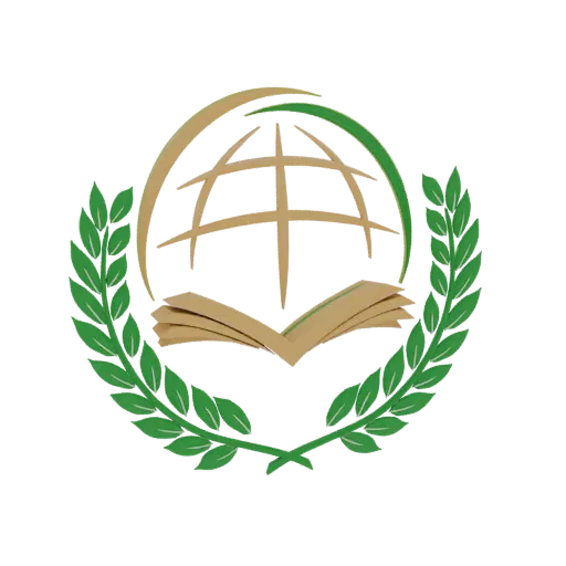 3D model of a global knowledge emblem with an open book at the center of a globe, surrounded by green laurel branches.