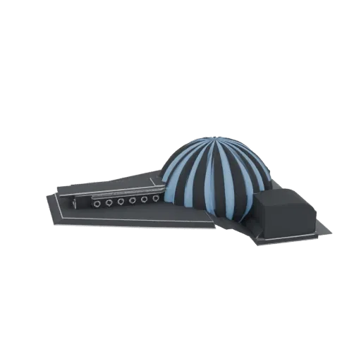 3D render of a futuristic dome structure with blue and black segments on a multi-tiered dark gray base with circular details.