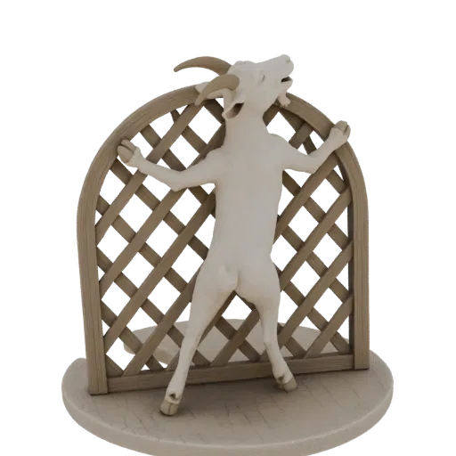 Modelo 3D de una cabra blanca atascada en un arco de celosía de madera, con las patas extendidas y la cabeza inclinada hacia