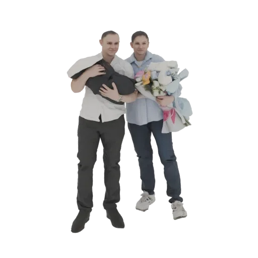 Modelo 3D de pareja sonriente, uno con bebé, otro con ramo de flores.