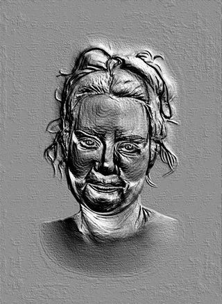 Modello 3D bassorilievo volto femminile stile incisione, con dettagli fini nei tratti e texture di antiche stampe.