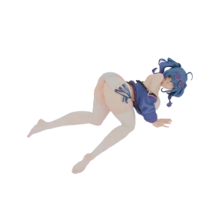 3D model of an anime girl with blue hair, wearing a blue jacket and white shorts, in a dynamic pose.