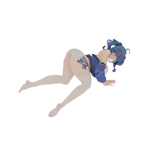 3D model of an anime girl with blue hair, wearing a blue jacket and white shorts, in a dynamic pose.