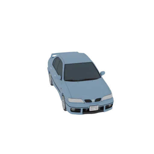 A 3D model of a light blue sedan with a spoiler, viewed from a slightly elevated front-right angle.