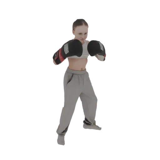 3D model of a young girl in a boxing stance, wearing black and red boxing gloves and grey sweatpants, with a determined expre
