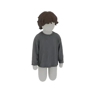 Modelo 3D de maniquí infantil con camiseta gris de manga larga y pelo castaño, de pie sobre fondo blanco.